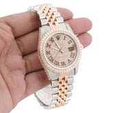 36MM Rolex Datejust Bussdown 2 Tone White/Rose Roman Dial Diamond Bezel ICED OUT Watch
