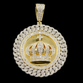10k Yellow Gold 1.44CT Diamond Crown w/ Circle Cuban Frame Pendant 8.9g Charm