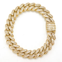 13MM 10k Yellow Gold 11CTW Round/Baguette Diamond 48.1g 8.5Inch Cuban Bracelet