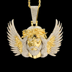 10k Yellow Gold 3.9CTW Natural Round Diamond Jesus w/ Wing Pendant 35g Charm