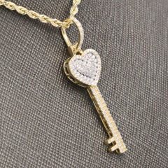 Pure 10k Yellow Gold 0.65CTW Natural Round Diamonds Heart Key Pendant 2.2g Charm