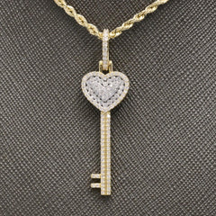 Pure 10k Yellow Gold 0.65CTW Natural Round Diamonds Heart Key Pendant 2.2g Charm