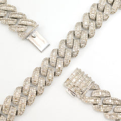 13MM 10k White Gold 21In 24CTW Natural Round/Baguette Diamond Cuban Chain 80.5gm