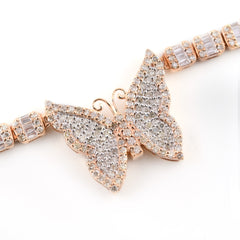 10k Rose Gold 5.48CT Baguette Diamond Butterfly Tennis Chain 25.4g 18In Necklace