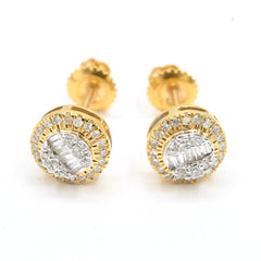 Pure 10k Yellow Gold Round Earring 0.25 CTW Natural Baguette Diamonds 1.6g Stud