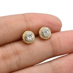 Pure 10k Yellow Gold Round Earring 0.25 CTW Natural Baguette Diamonds 1.6g Stud