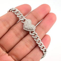 10k White Gold Women 3.25CTW Natural Diamond Cuban Heart Bracelet 14.2g 7Inch
