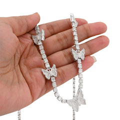 3.5MM 10k White Gold 5.48CTW Round/Baguette Diamond 26.5g Butterfly Tennis Chain