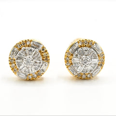 NEW 10k Yellow Gold Round Earring 0.20 CTW Natural Baguette Diamonds 1.6g Stud
