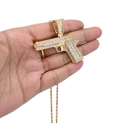10k Yellow Gold 4.5CTW Natural Round/Baguette 12.3g Diamond Hand Gun Pendant