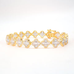 9MM 10k Yellow Gold 3 CTW Baguette Diamond Clover Bracelet 11.2g Armlet - 7 Inch