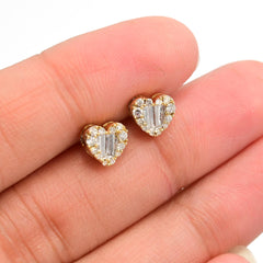Womens 10k Yellow Gold Heart Earring 0.32CTW Natural Baguette Diamonds 1.4g Stud