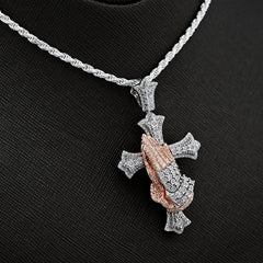 925 Silver 0.6 CTW Natural Diamond Cross with Praying Hands Pendant 16g Charm