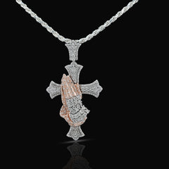 925 Silver 0.6 CTW Natural Diamond Cross with Praying Hands Pendant 16g Charm