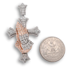 925 Silver 0.6 CTW Natural Diamond Cross with Praying Hands Pendant 16g Charm