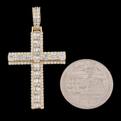 10k Yellow Gold 1.8CT Lab Grown Diamond Round/Baguette Cross Pendant 6.1g Charm
