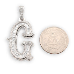 925 Silver 1.75CTW Natural Diamond Round/Baguette Initial "G" Pendant 8.5g Charm