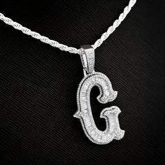 925 Silver 1.75CTW Natural Diamond Round/Baguette Initial "G" Pendant 8.5g Charm