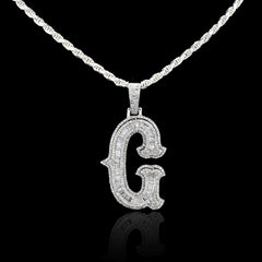925 Silver 1.75CTW Natural Diamond Round/Baguette Initial "G" Pendant 8.5g Charm