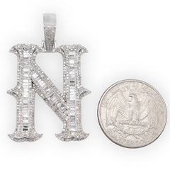 925 Silver 2 CTW Natural Diamond Round/Baguette Initial "N" Pendant 11.9g Charm