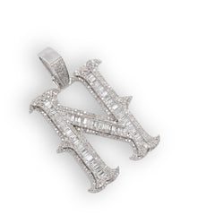 925 Silver 2 CTW Natural Diamond Round/Baguette Initial "N" Pendant 11.9g Charm