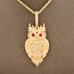24MM 10k Yellow Gold 4.5CTW Natural Round/Baguette Diamond 13.2g Owl Pendant
