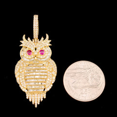 24MM 10k Yellow Gold 4.5CTW Natural Round/Baguette Diamond 13.2g Owl Pendant