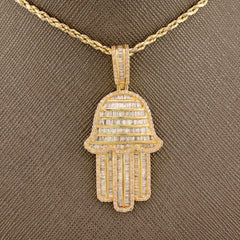 22MM 10k Yellow Gold 3.5CTW Natural Baguette Diamond 7.9g Hamsa Hand Pendant