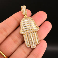 22MM 10k Yellow Gold 3.5CTW Natural Baguette Diamond 7.9g Hamsa Hand Pendant