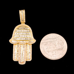22MM 10k Yellow Gold 3.5CTW Natural Baguette Diamond 7.9g Hamsa Hand Pendant