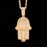 22MM 10k Yellow Gold 3.5CTW Natural Baguette Diamond 7.9g Hamsa Hand Pendant