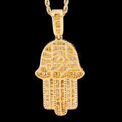 22MM 10k Yellow Gold 3.5CTW Natural Baguette Diamond 7.9g Hamsa Hand Pendant