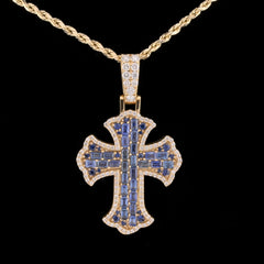 10k Yellow Gold Cross With Blue Lab Diamonds Round/Baguette Pendant 11.1g Charm