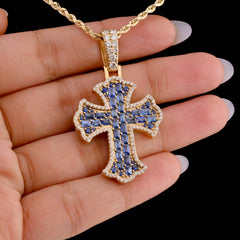 10k Yellow Gold Cross With Blue Lab Diamonds Round/Baguette Pendant 11.1g Charm