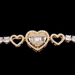 10k Yellow Gold Women 0.8CTW Baguette Diamond Heart Tennis Bracelet 7.6g 7Inch