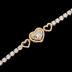 10k Yellow Gold Women 0.8CTW Baguette Diamond Heart Tennis Bracelet 7.6g 7Inch