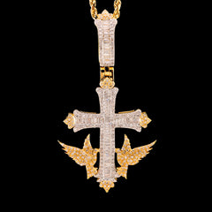 10k Yellow Gold 1.43CTW Round/Baguette Diamond Cross w/ Bird Pendant 8.4g Charm