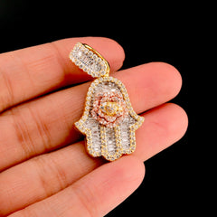 10k Yellow Gold 1.5CTW Round/Baguette Diamond Hamsa Hand Rose Pendant 7.7g Charm