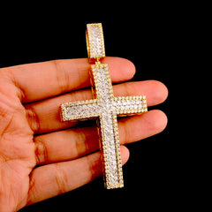 10k Yellow Gold 4.3CTW Round/Baguette Diamond Zig Zag Cross Pendant 18.2g Charm