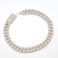 8MM 925 Silver 4.76CTW Natural Round/Baguette Diamond 20.68g Cuban 8In Bracelet