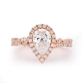 14k Rose Gold 1.48 CTW Pear Shape Solitaire Halo Round Lab Diamond Band Women Ring 4.1g