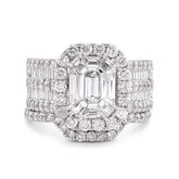 14k White Gold Octagon Centre Emerald/Baguette 3CTW Natural Diamond Womens Ring With Band 9.8gm