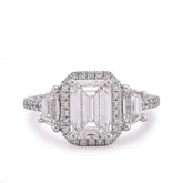 14k White Gold 2CTW Centre Emerald Solitaire Halo 3.15TC Lab Diamond Womens Ring 4.7gm