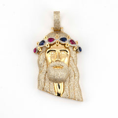 RUBY & SAPPHIRE ACCENT JESUS HEAD DIAMOND PENDANT - 10KT YELLOW GOLD & 7.45 CTW