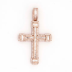 LATIN CROSS TWO ROW ROUND & BAGUETTE DIAMOND PENDANT - 10KT ROSE GOLD & 3.91 CTW