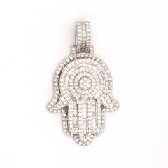 HAMSA HAND BAGUETTE & ROUND DIAMOND PENDANT - 10KT WHITE GOLD & 3.21 CTW