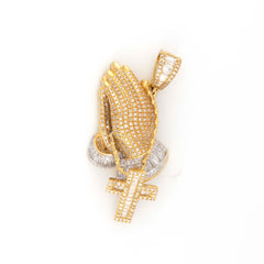PRAYING HANDS WITH DANGLING ROSARY CROSS DIAMOND PENDANT - 10KT YELLOW GOLD & 1.50 CTW