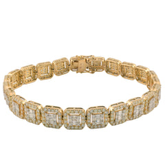 10k Yellow Gold 8CTW Round/Baguette Diamond Cluster Link Bracelet 21.3g 8.5 Inch