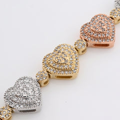 6.5MM 10k 3-Tone Gold 13.6g 1.15CTW Natural Diamond Heart Shaped Womens Bracelet