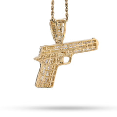 10k Yellow Gold 4.5CTW Natural Round/Baguette 12.3g Diamond Hand Gun Pendant